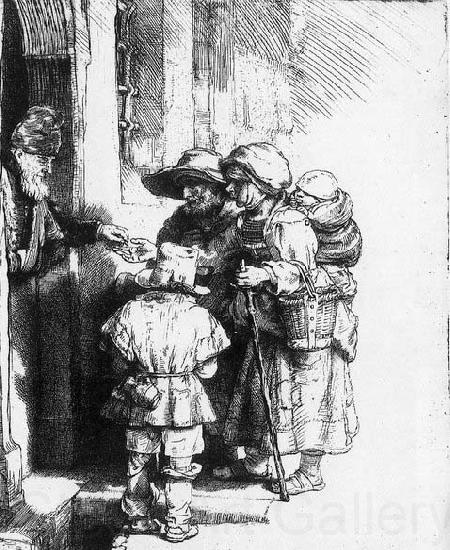 REMBRANDT Harmenszoon van Rijn Beggars receiving alms at the door of a house